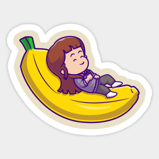 Cute Girl Sleeping On Bananas Cartoon Sticker